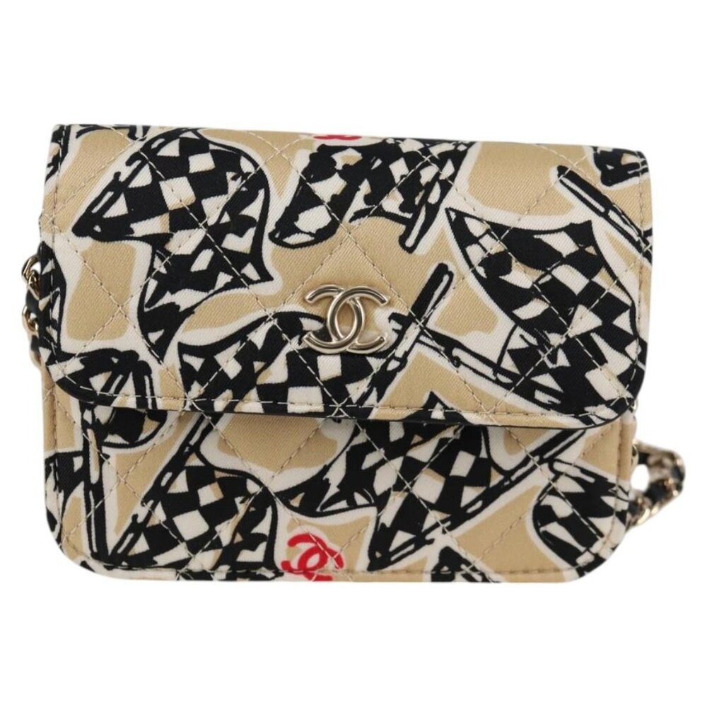 CHANEL Matelasse Checkered Flag Chain Shoulder Bag Nylon Beige CC Auth 125975M - Picture 2 of 16